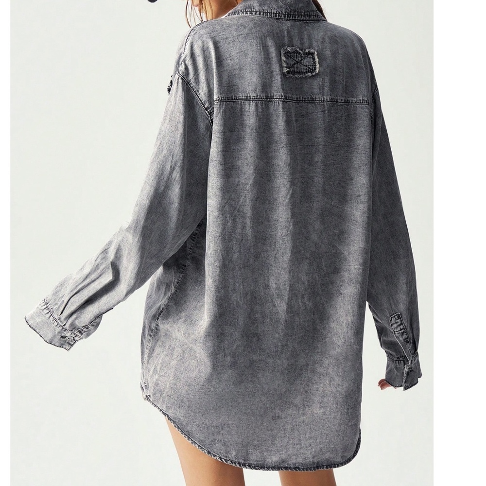Mineral Wash Floral Applique Button Down Oversized Shirt - Picture 6 of 7